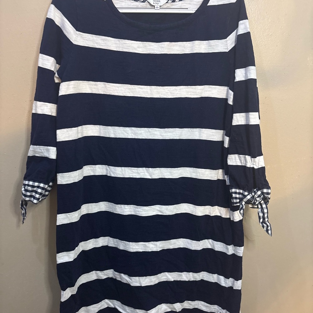 crown & ivy Navy and White Striped Tie-Cuff Long Sleeve Tunic Dress 100% cotton